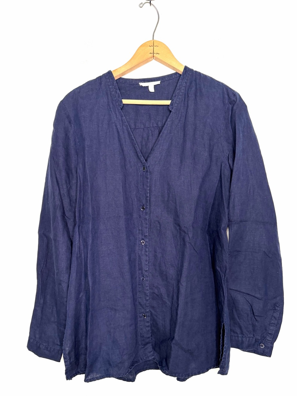 Eileen Fisher Blue Collarless V-Neck Long Sleeve Irish Linen Button-Up Shirt M